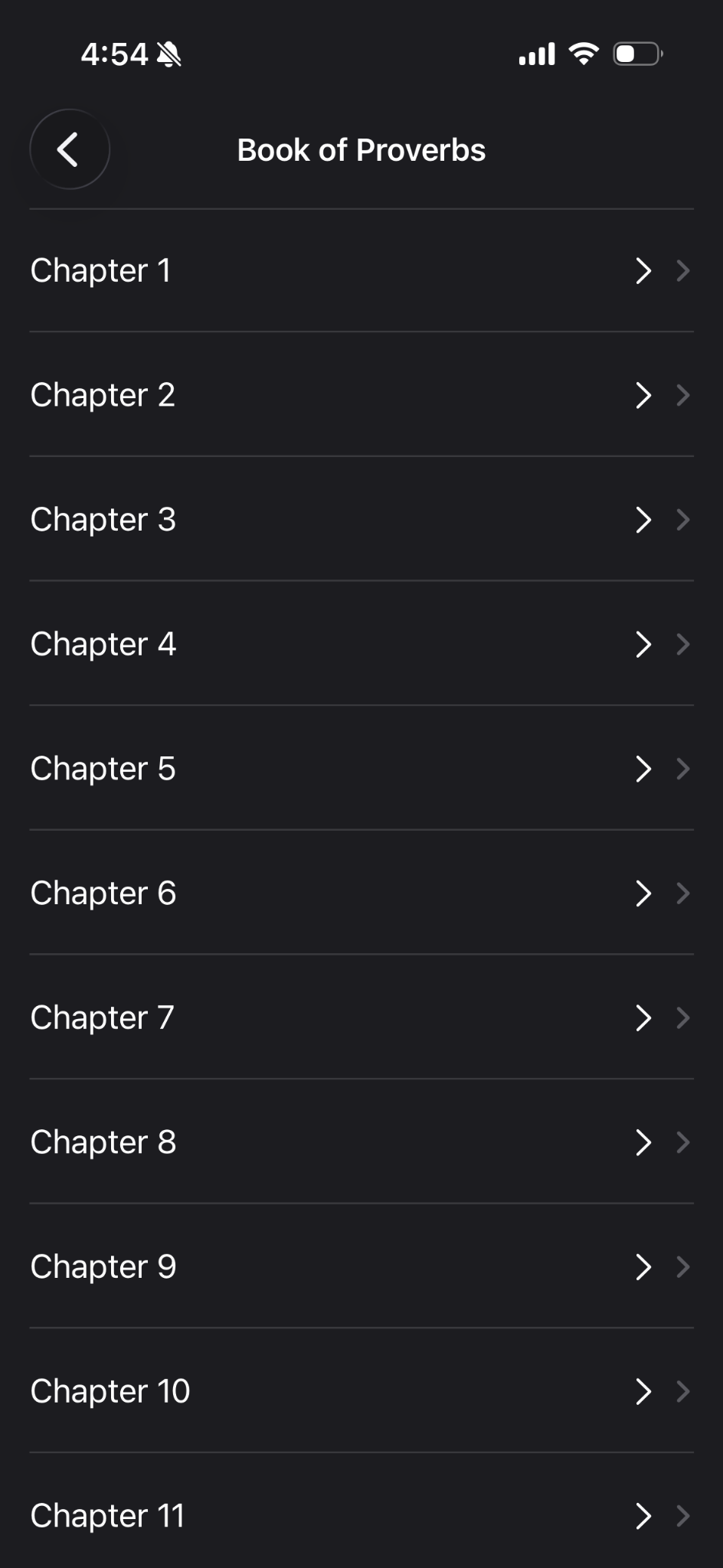 Book of Proverbs chapter list screen
